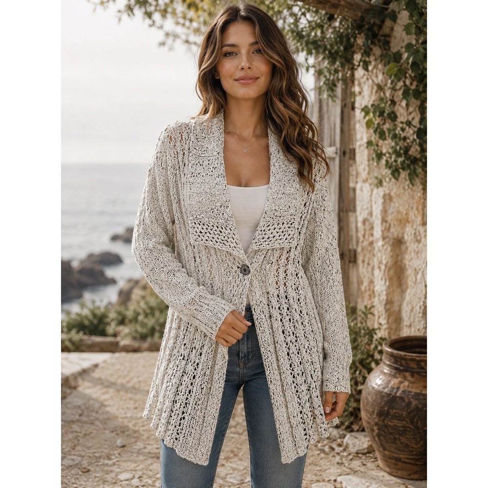 Colour Works Flared Sparkly Beige Open Front Sz M Heavy Sweater Cardigan UU25